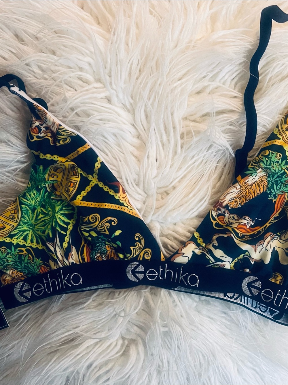 ethika Black Triangle Bralette with Green & Gold Print